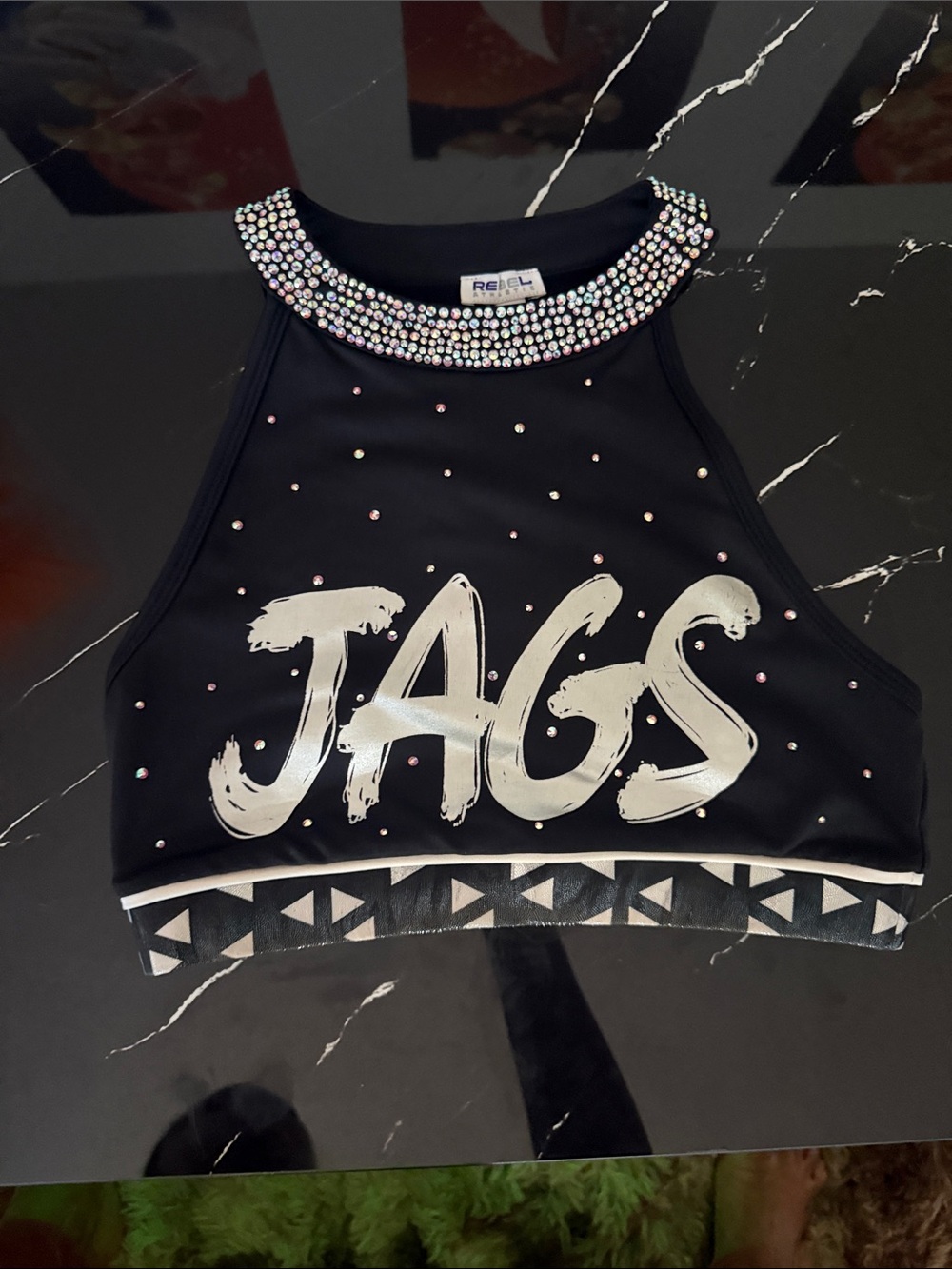 rebels Black Rhinestone Halter Crop Top with Silver JAGS Graphic